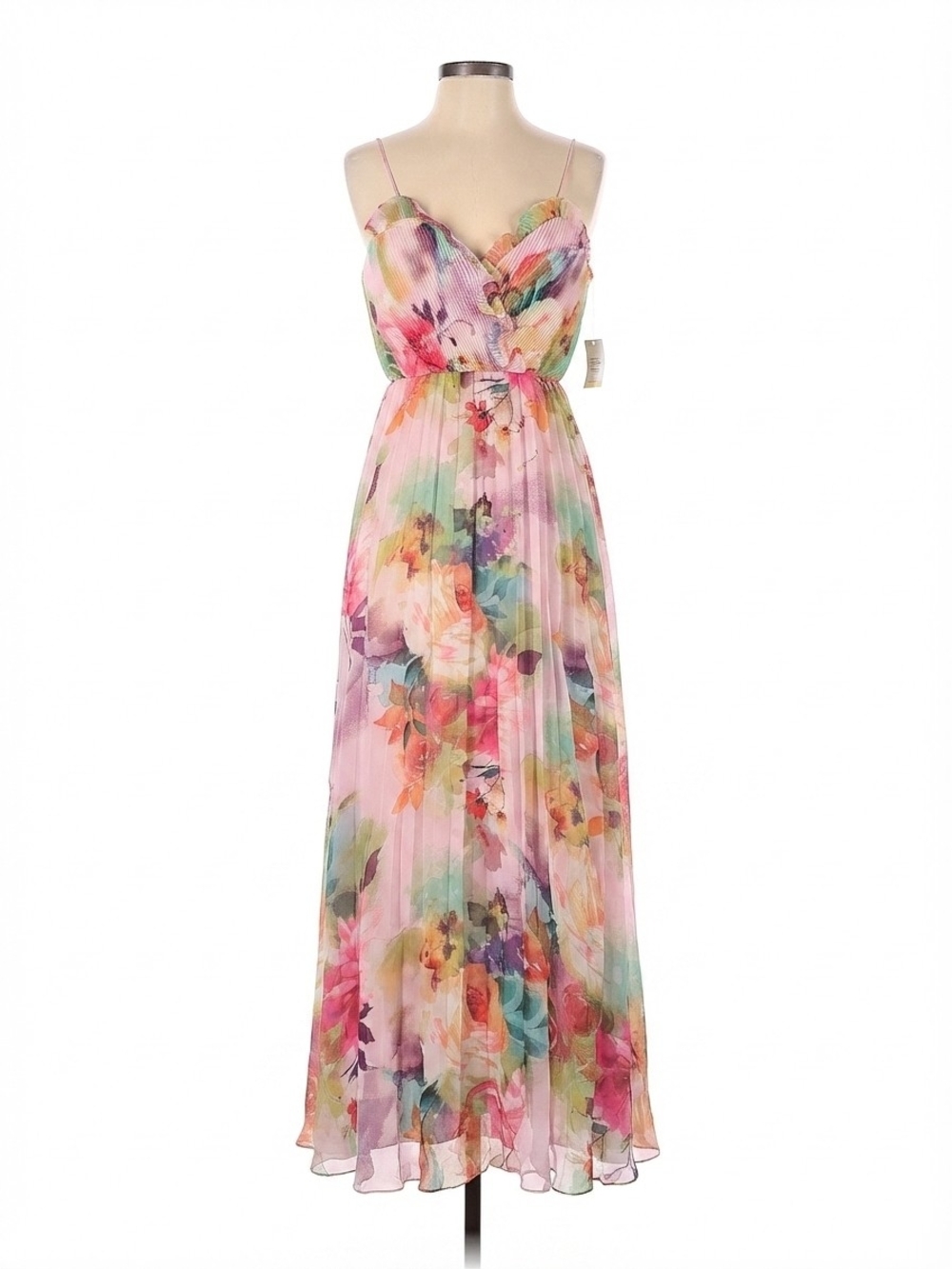 Floral Pleated Maxi Dress with Spaghetti Straps - Pink Multi